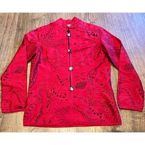 Chicos Red Paisley Embroidered Mandarin Collar Jacket Size 0